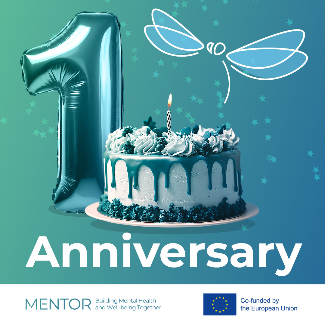 MENTOR birthday card showing the dragonfly logo, birthday cake and 1